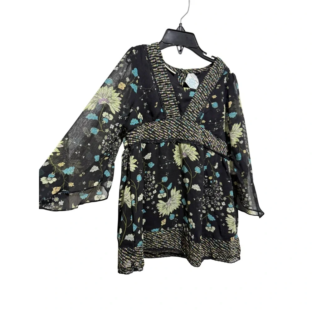 Mary-Kate and Ashley Floral Tunic Girls XS 4/5 Black Boho Bell Sleeve VTG Y2K